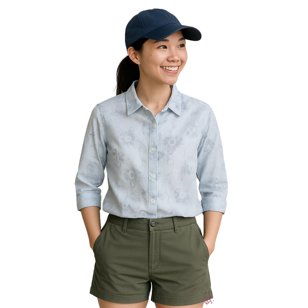 Patagonia Ladies Button Up 3/4 sleeve Blue Floral Size 8 Organic Cotton blend